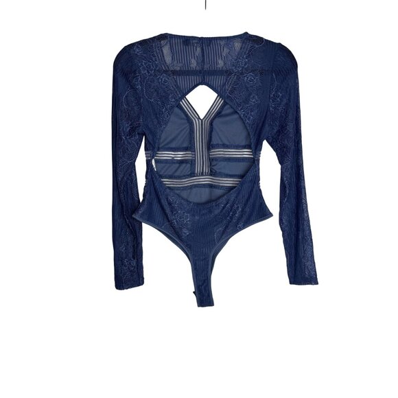 Naanaa Blue Lace Long Sleeve Backless Bodysuit Size Small Sheer Coquette - Picture 7 of 9